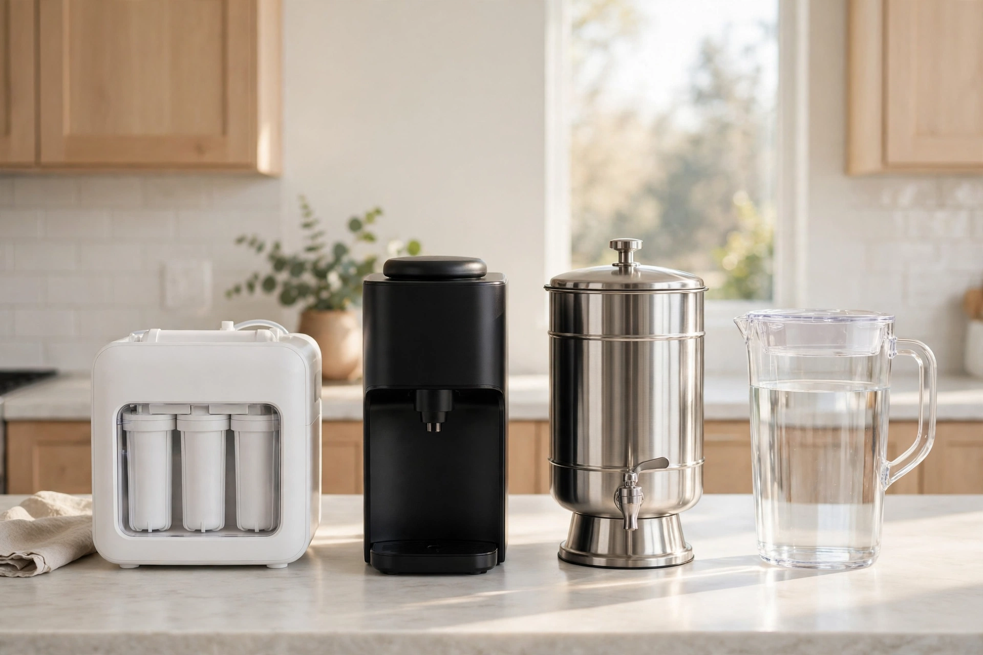 Countertop water filter styles on a kitchen counter