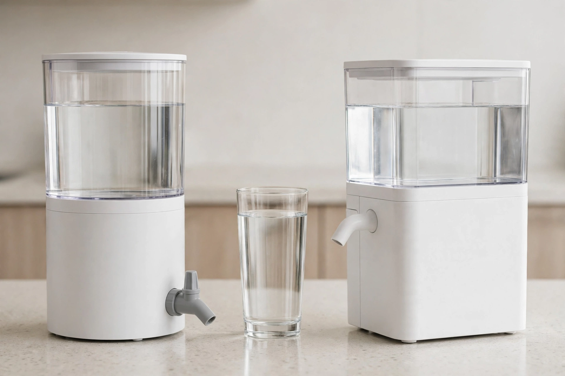 Two countertop water filters side by side with a glass of water