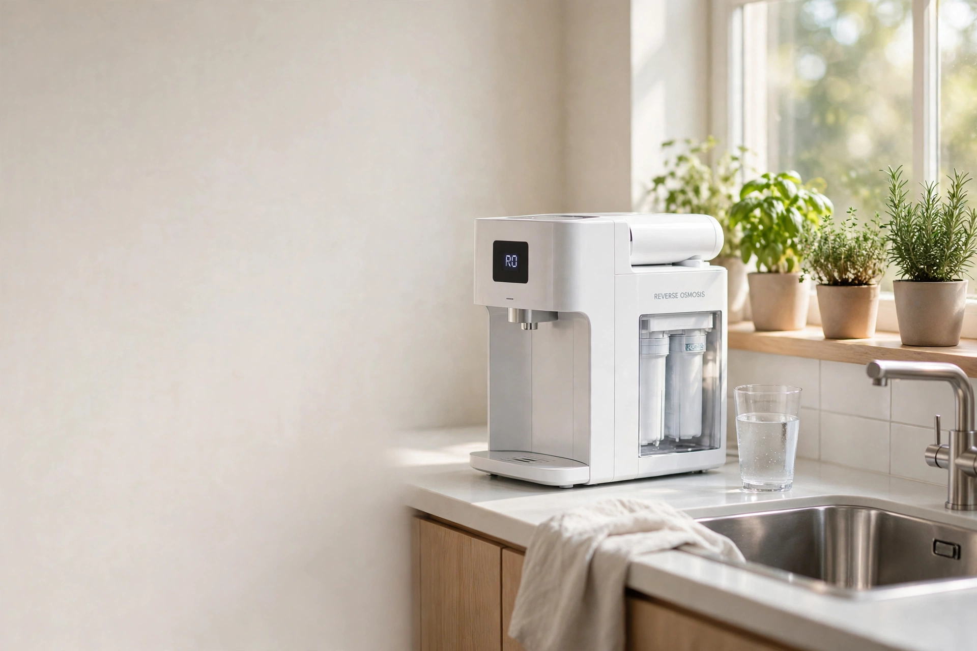 Countertop reverse osmosis system on a bright kitchen counter