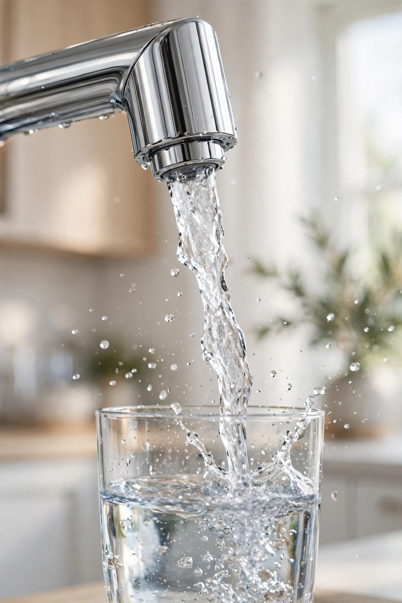 Clear water pouring from a faucet into a glass
