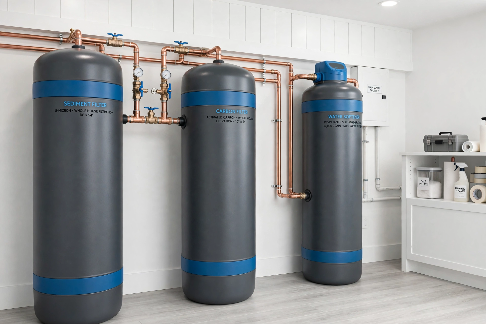 Whole-house water filtration tanks in a utility room